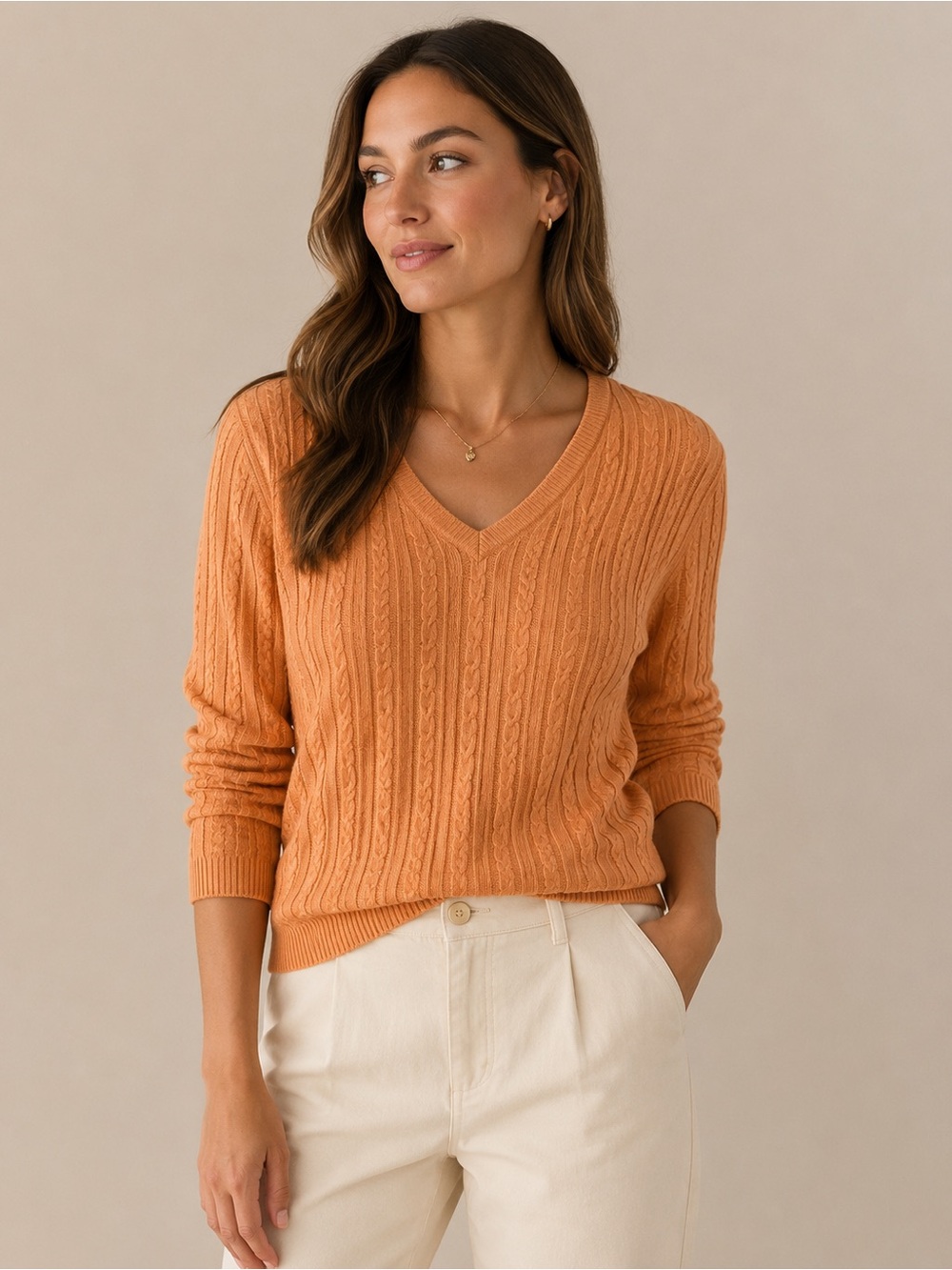 Brooks Brothers Cable Knit Silk Cashmere V Neck Sweater XL Peach Orange